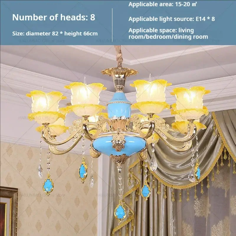 Elegant gold & blue crystal chandelier living room lighting