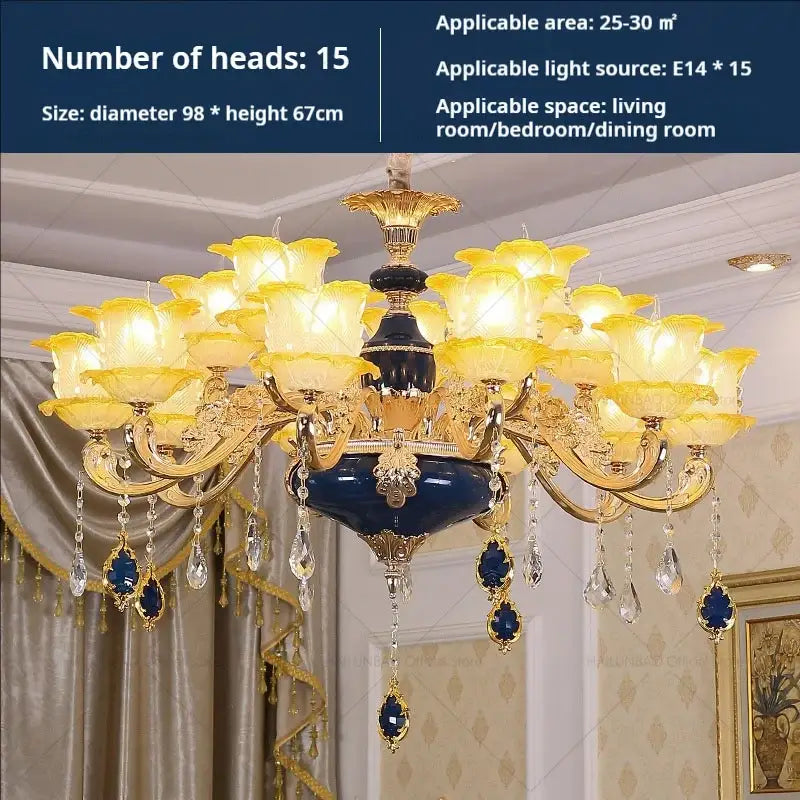 Elegant gold & blue crystal chandelier living room lighting