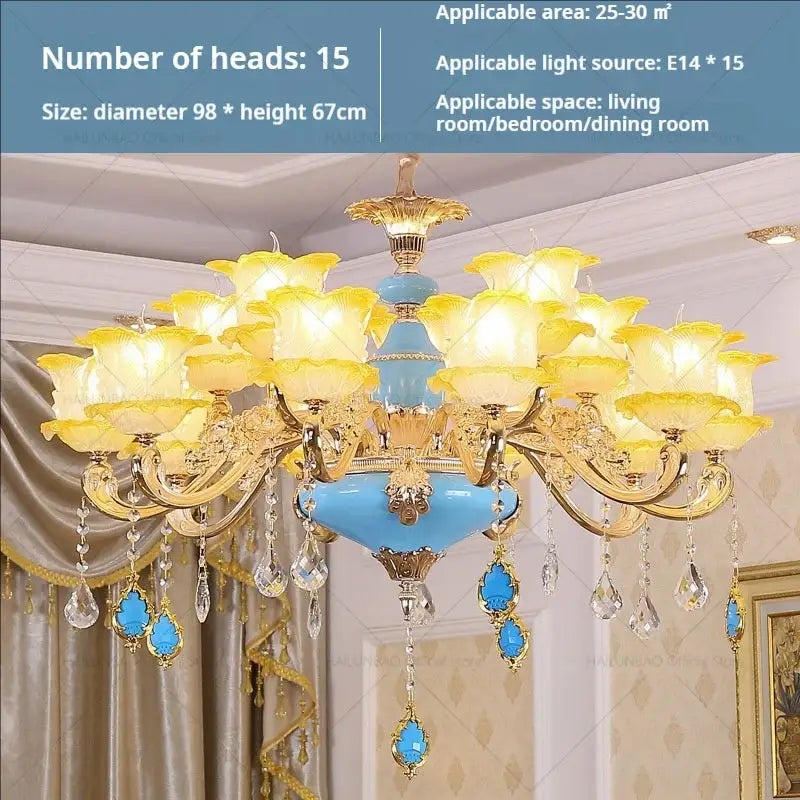 Elegant gold & blue crystal chandelier living room lighting