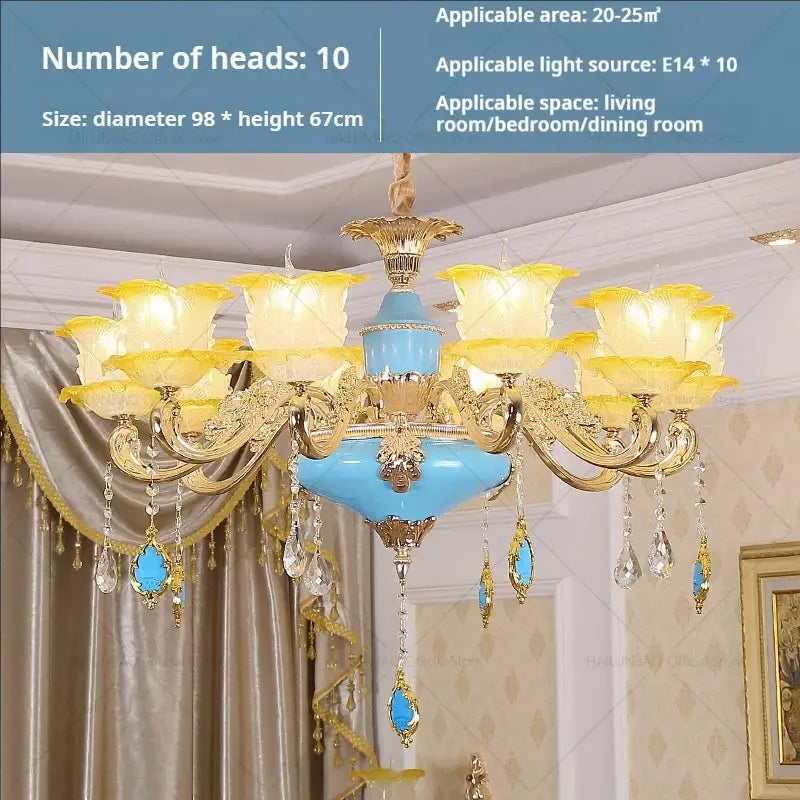 Elegant gold & blue crystal chandelier living room lighting