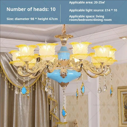 Elegant gold & blue crystal chandelier living room lighting