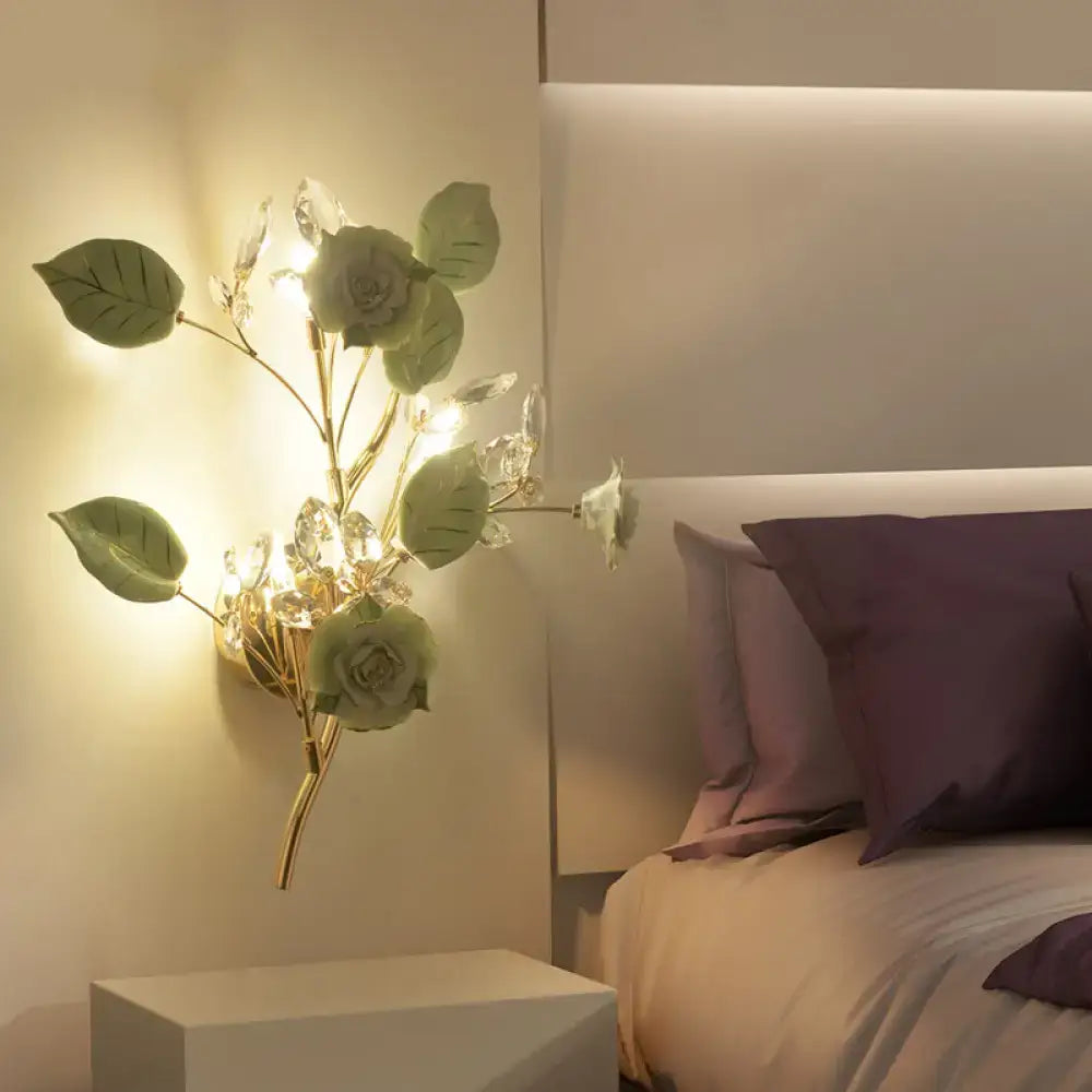 Elegant gold branch wall lamp with white rose for bedroom sconce lighting