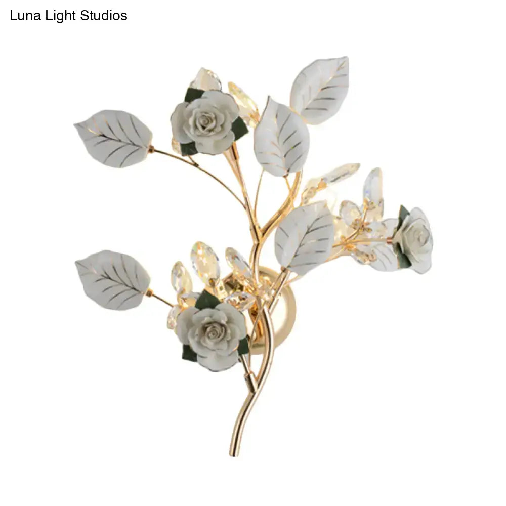 Elegant gold branch wall lamp with white rose for bedroom sconce lighting