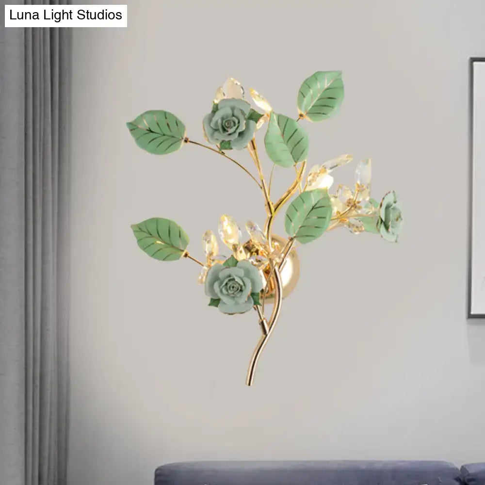 Elegant gold branch wall lamp with white rose for bedroom sconce lighting