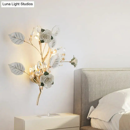 Elegant gold branch wall lamp with white rose for bedroom sconce lighting