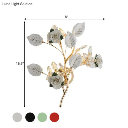 Elegant gold branch wall lamp with white rose for bedroom sconce lighting