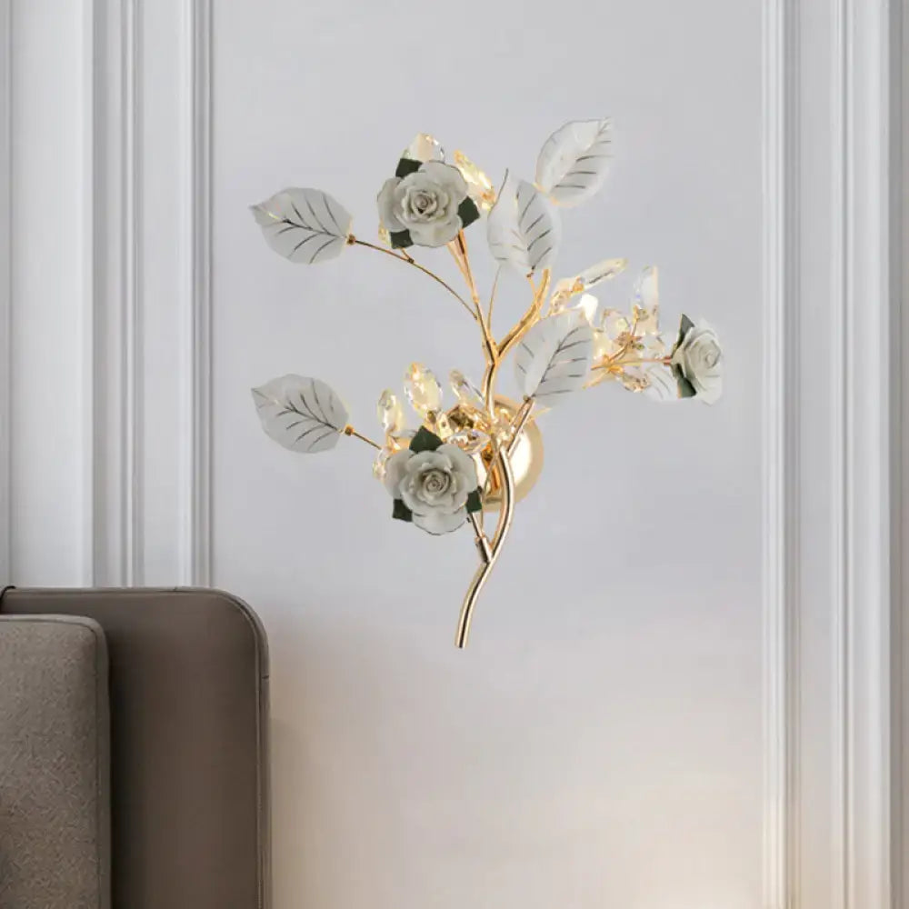 Elegant gold branch wall lamp with white rose for bedroom sconce lighting