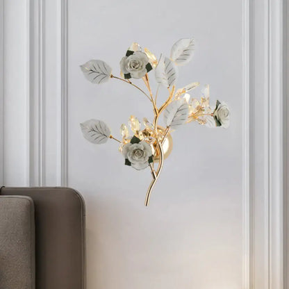 Elegant gold branch wall lamp with white rose for bedroom sconce lighting