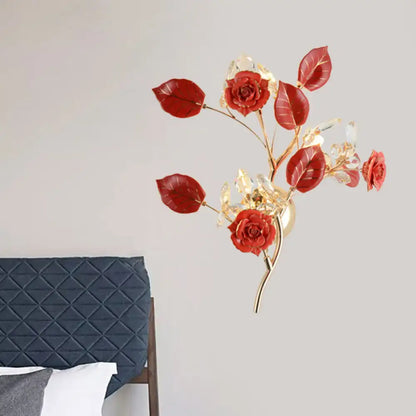Elegant gold branch wall lamp with white rose for bedroom sconce lighting