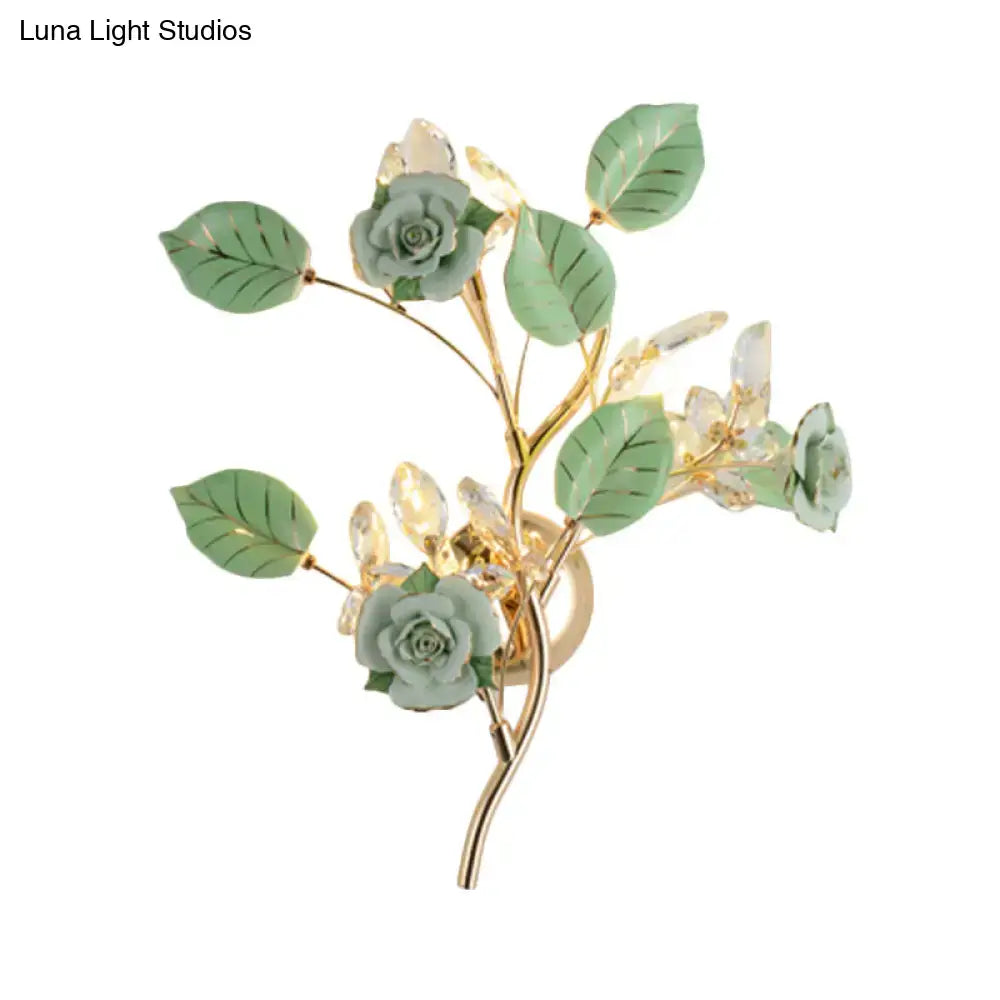 Elegant gold branch wall lamp with white rose for bedroom sconce lighting