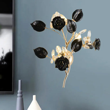 Elegant gold branch wall lamp with white rose for bedroom sconce lighting