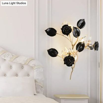 Elegant gold branch wall lamp with white rose for bedroom sconce lighting