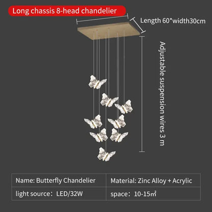 Elegant gold crystal butterfly ladder pendant lights for stairs
