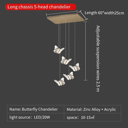 Elegant gold crystal butterfly ladder pendant lights for stairs