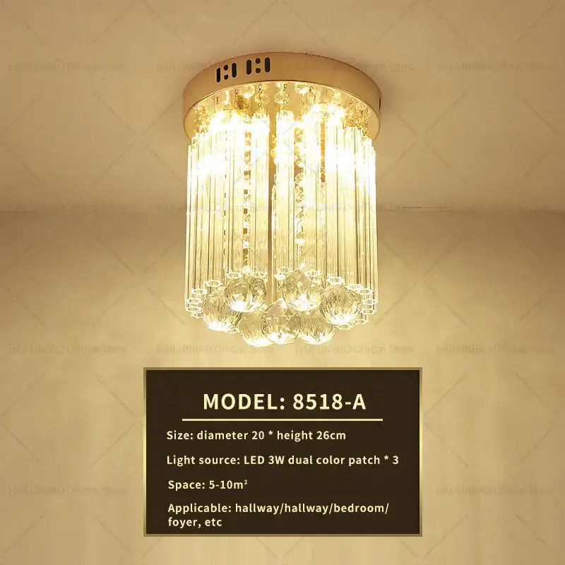 Elegant gold crystal ceiling light for hallway with glass prisms
