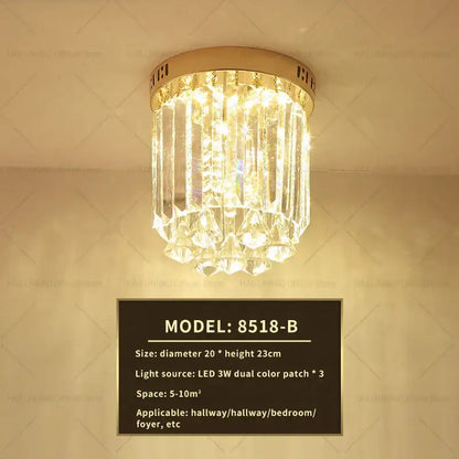 Elegant gold crystal ceiling light for hallway with glass prisms