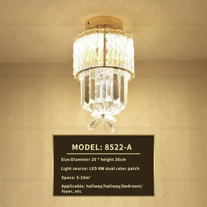 Elegant gold crystal ceiling light for hallway with glass prisms