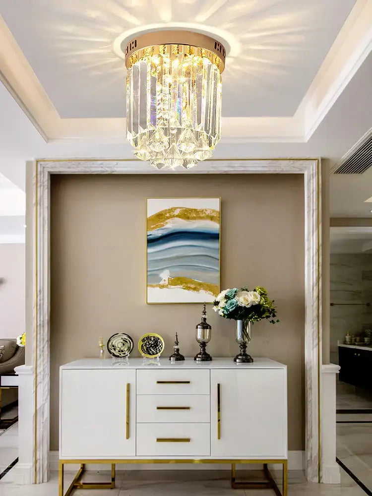 Elegant gold crystal ceiling light for hallway with glass prisms