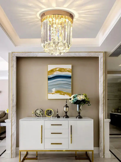 Elegant gold crystal ceiling light for hallway with glass prisms