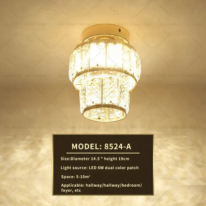 Elegant gold crystal ceiling light for hallway with glass prisms
