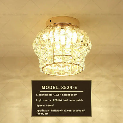 Elegant gold crystal ceiling light for hallway with glass prisms