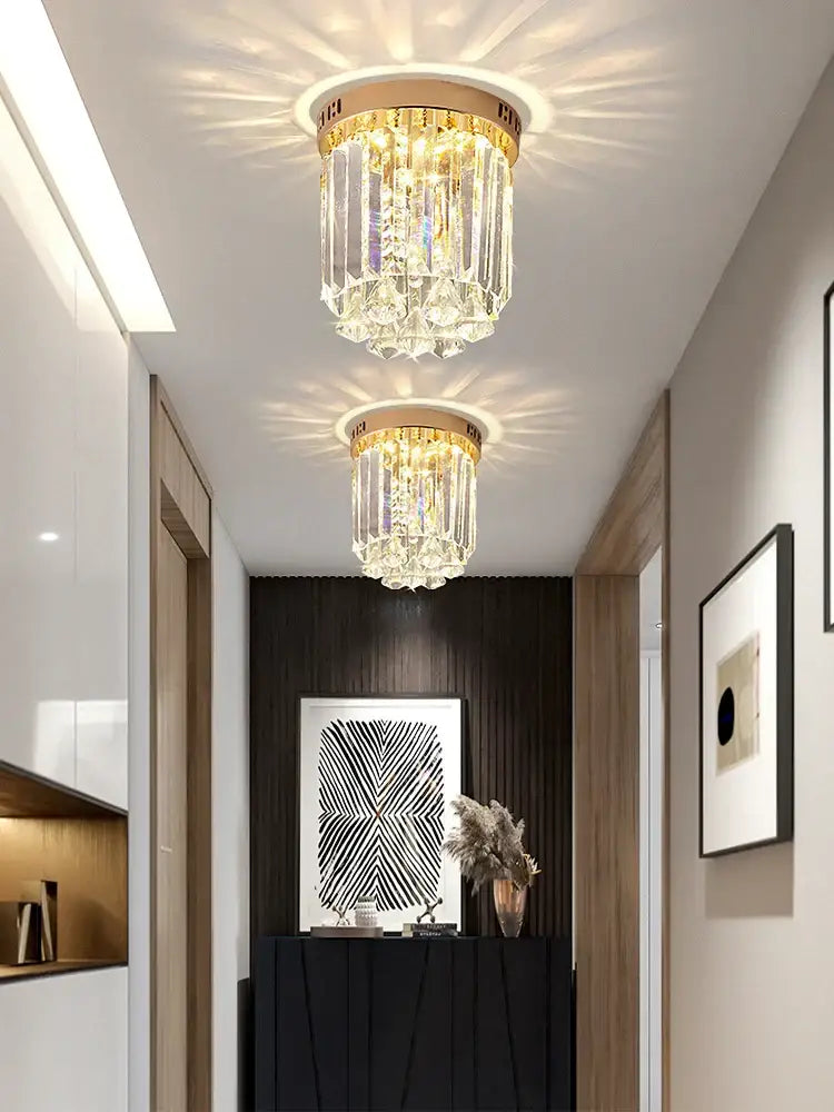Elegant gold crystal ceiling light for hallway with glass prisms