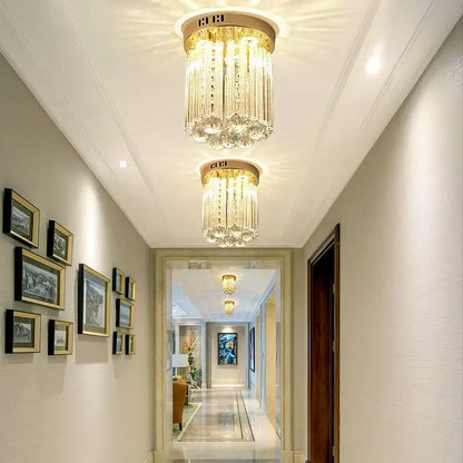 Elegant gold crystal ceiling light for hallway with glass prisms