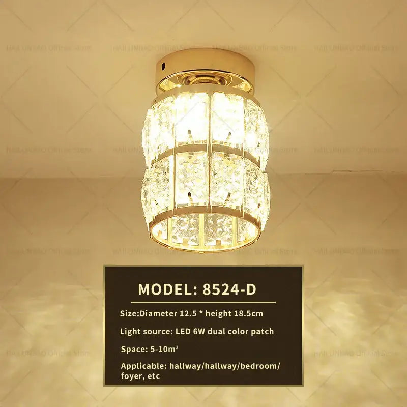 Elegant gold crystal ceiling light for hallway with glass prisms