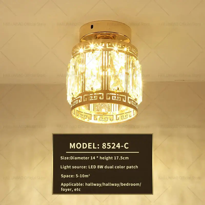 Elegant gold crystal ceiling light for hallway with glass prisms