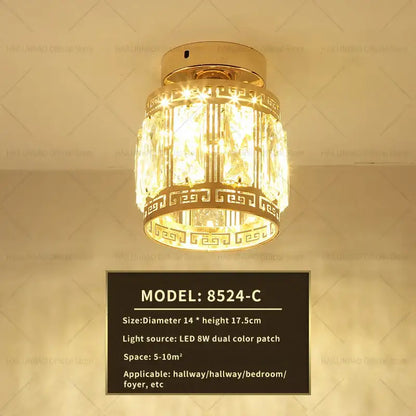 Elegant gold crystal ceiling light for hallway with glass prisms
