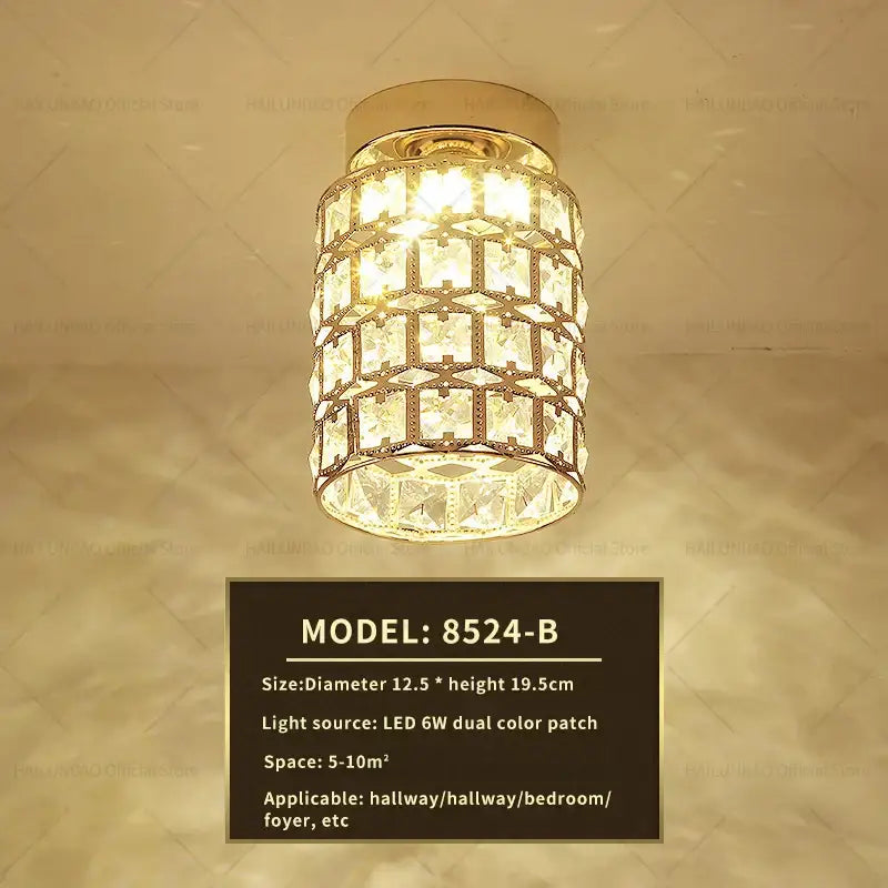 Elegant gold crystal ceiling light for hallway with glass prisms