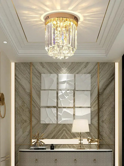 Elegant gold crystal ceiling light for hallway with glass prisms