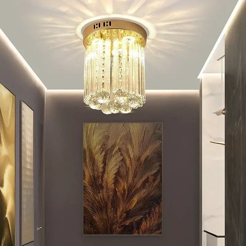 Elegant gold crystal ceiling light for hallway with glass prisms