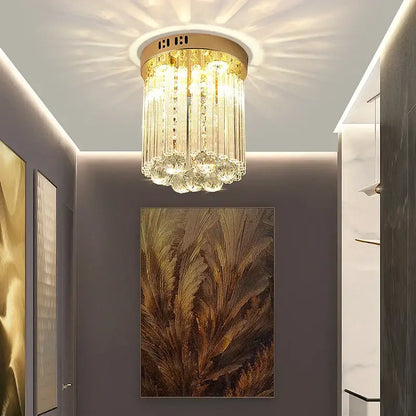 Elegant gold crystal ceiling light for hallway with glass prisms