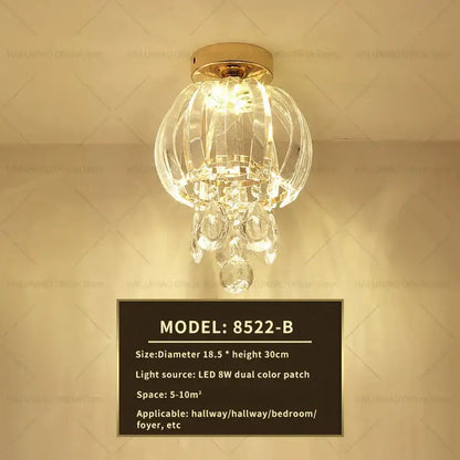 Elegant gold crystal ceiling light for hallway with glass prisms