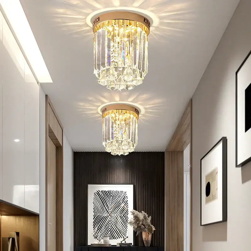 Elegant gold crystal ceiling light for hallway with glass prisms