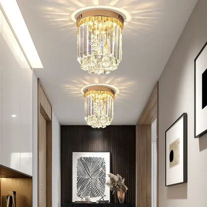 Elegant gold crystal ceiling light for hallway with glass prisms