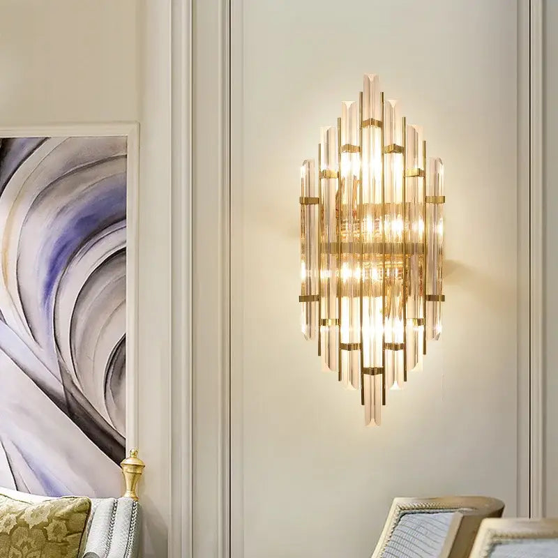 Elegant gold crystal wall lamp for living room with glass rods