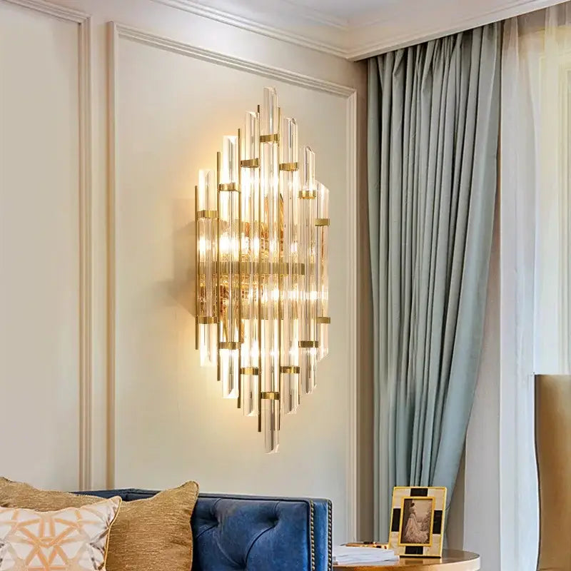 Elegant gold crystal wall lamp for living room with glass rods
