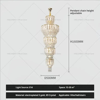 Elegant gold duplex villa crystal light chandelier for spiral staircase