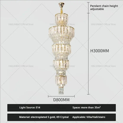Elegant gold duplex villa crystal light chandelier for spiral staircase
