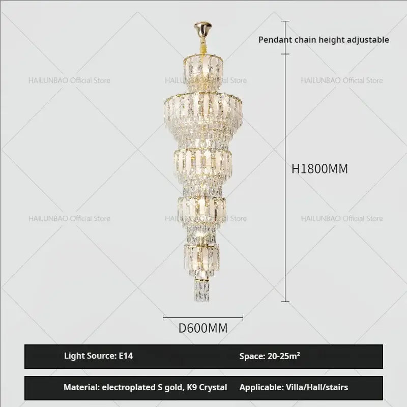 Elegant gold duplex villa crystal light chandelier for spiral staircase
