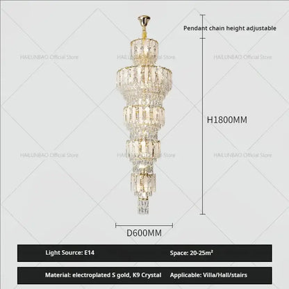 Elegant gold duplex villa crystal light chandelier for spiral staircase