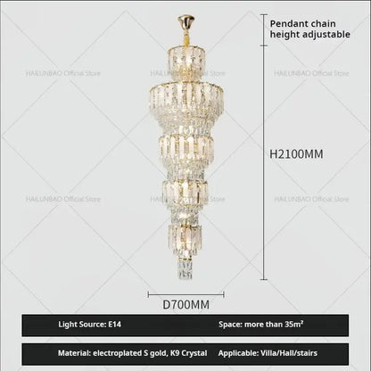 Elegant gold duplex villa crystal light chandelier for spiral staircase