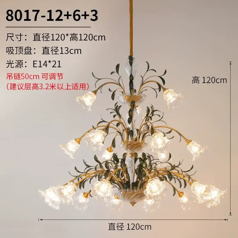 Elegant gold glass flower chandelier lobby crystal light