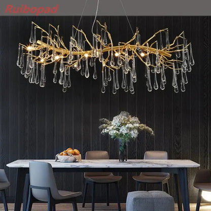 Elegant gold metal branch chandelier with glass water drop crystals dining room light