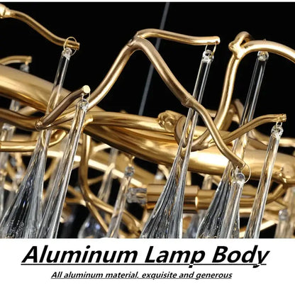 Elegant gold metal branch chandelier with glass water drop crystals dining room light