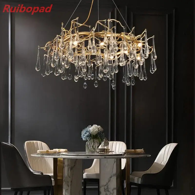 Elegant gold metal branch chandelier with glass water drop crystals dining room light