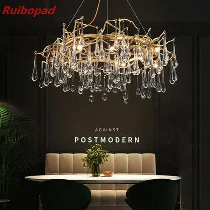 Elegant gold metal branch chandelier with glass water drop crystals dining room light