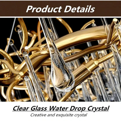 Elegant gold metal branch chandelier with glass water drop crystals dining room light